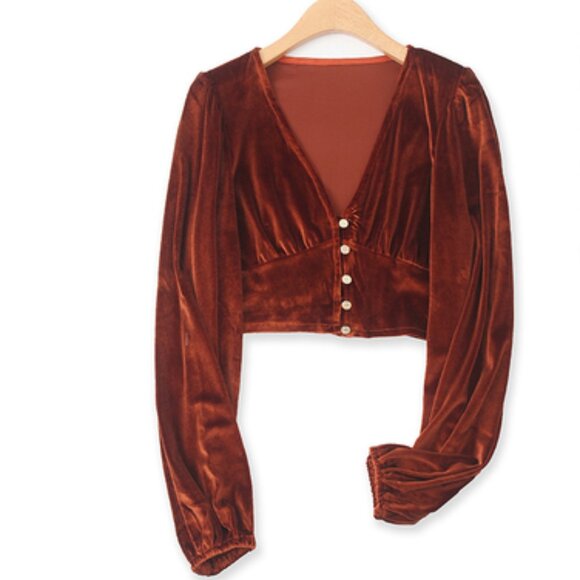 V-Neck Bubble Lantern Sleeve Velvet Elegant Button down Top blouse - Picture 1 of 4